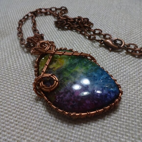 Beautiful SOLAR AGATE Handmade COPPER WIRE-WRAPPED PENDANT/Chain #327C - Picture 3 of 3